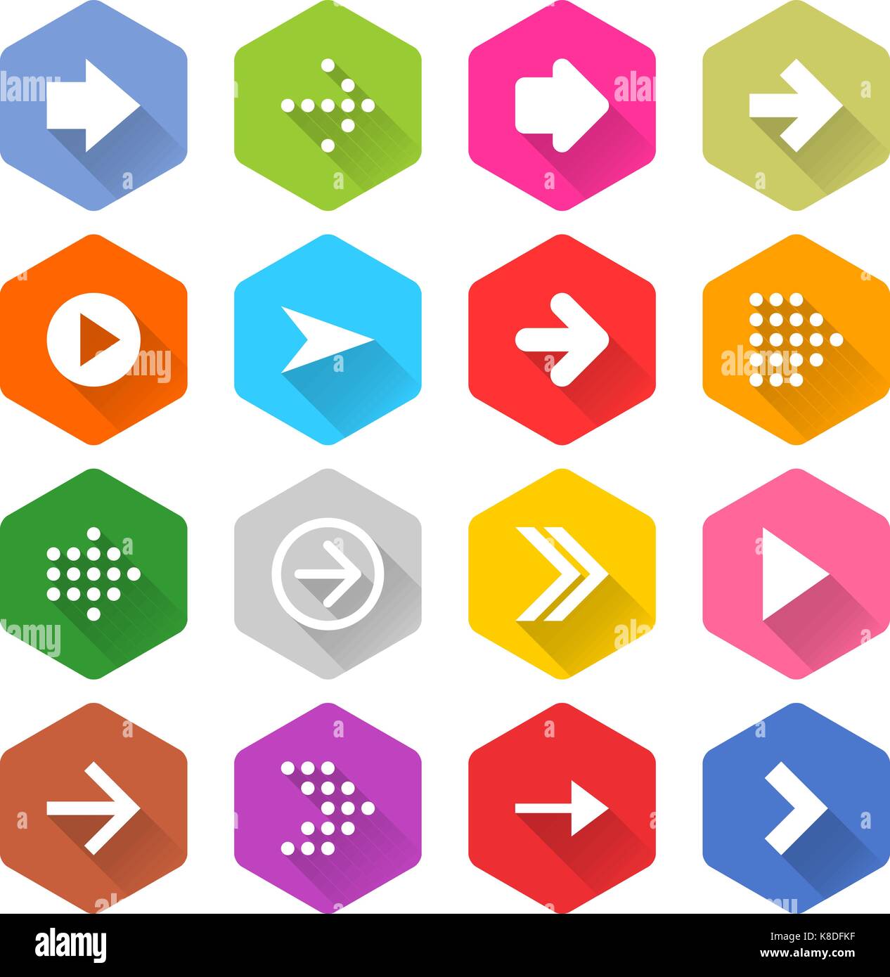Flat arrow icon 16 set rounded hexagon web button on white background ...