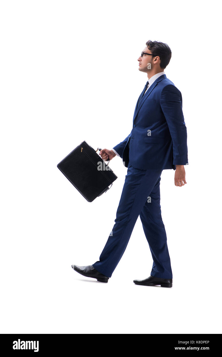 Businessman walking standing side view isolated on white background ...