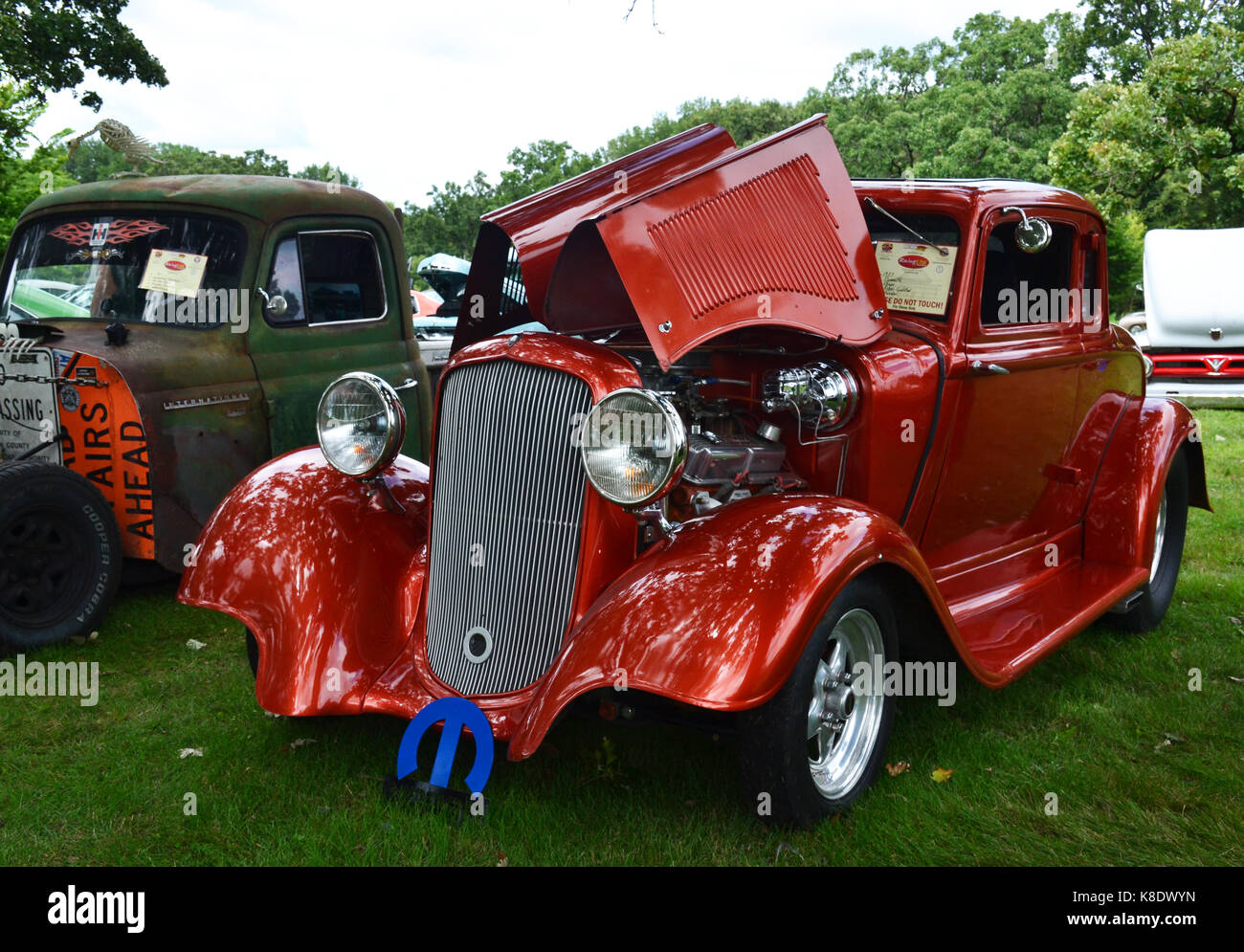 Open-air exhibition and sale of vintage cars Stock Photo