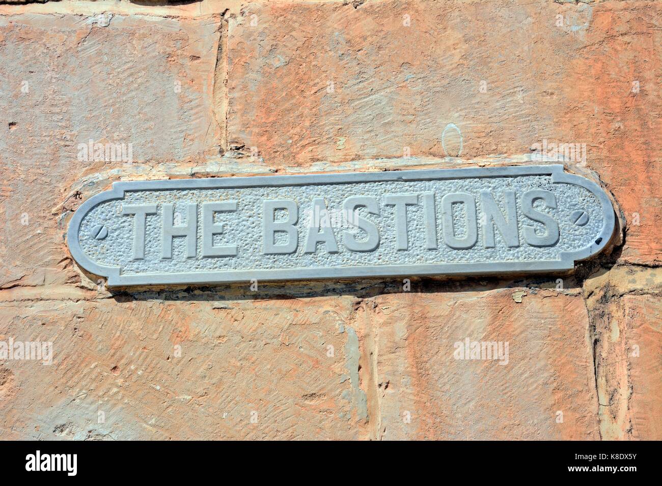 The Bastions street sign on a limestone wall, Mdina, Malta, Europe. Stock Photo