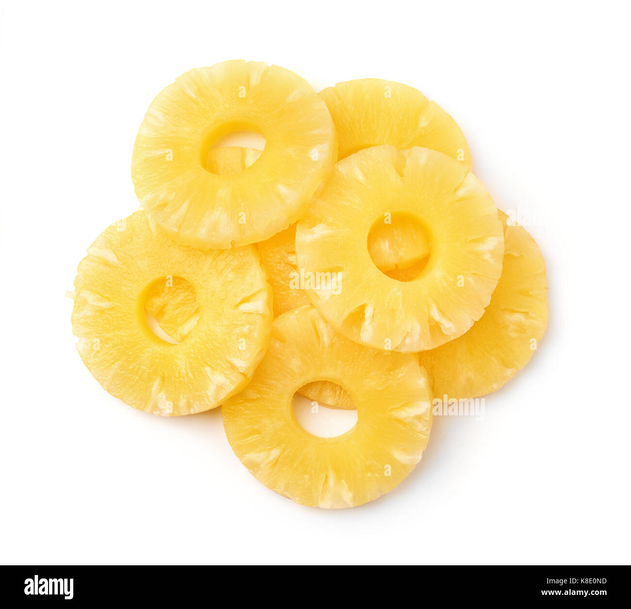 Top view of canned pineapple rings isolated on white Stock Photo