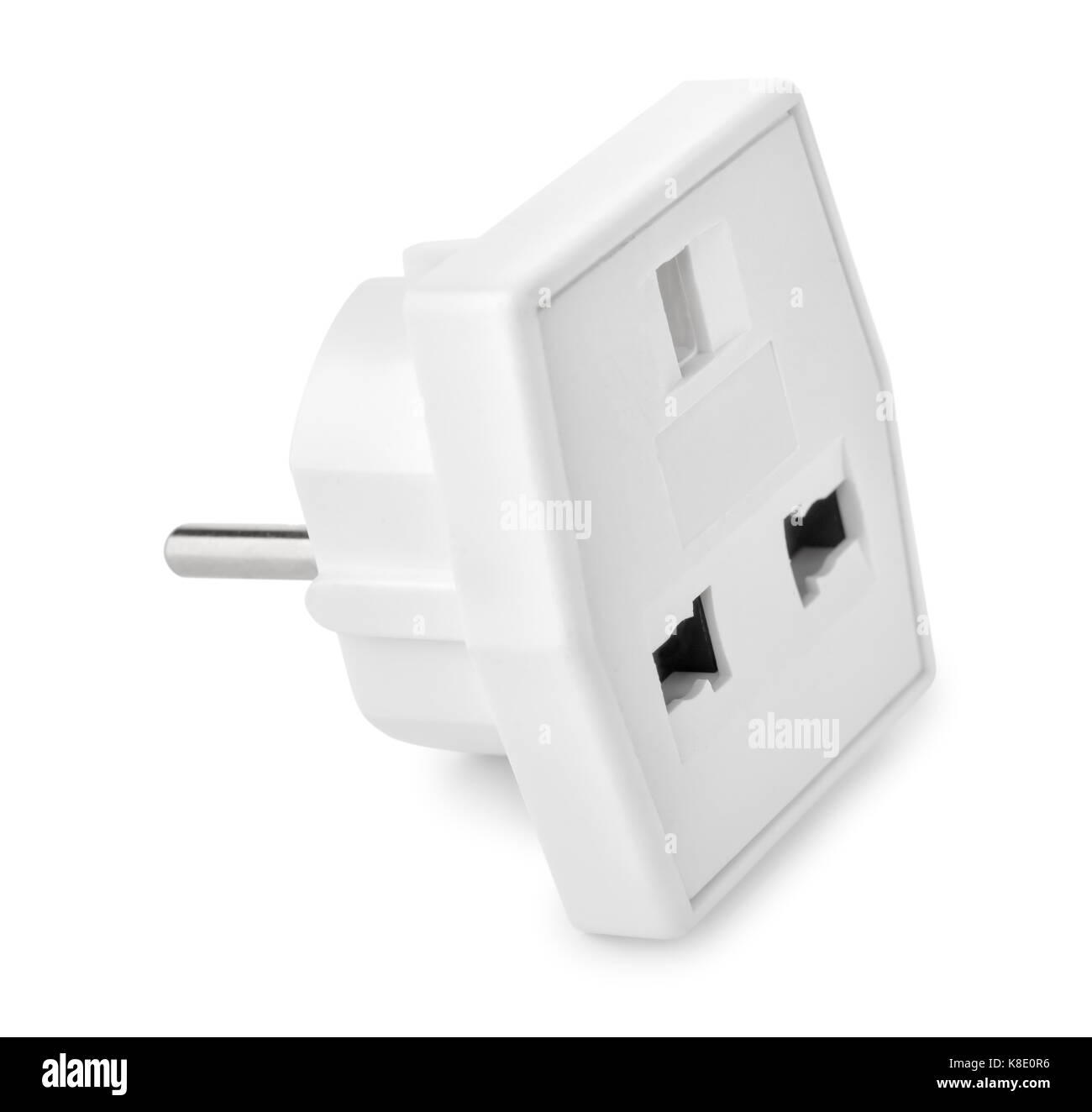 White plastic power adapter isolated on white Stock Photo