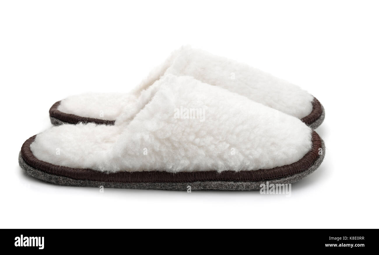 Soft fur slippers isolated on white Stock Photo
