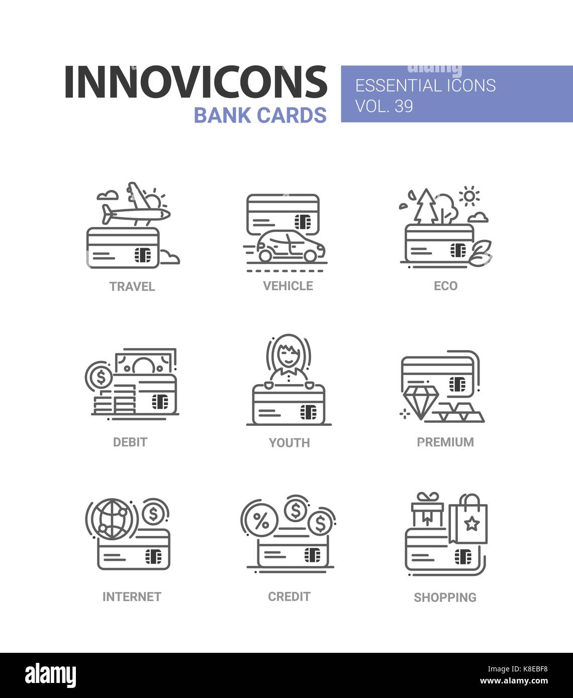 Bank Cards - modern vector line design icons set. Travel, vehicle, car ...