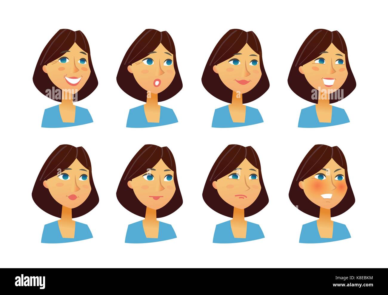 Woman Expressions - vector flat illustration of a random person, employer, supervisor, colleague, cartoon character. Number of faces depicting emotion Stock Vector