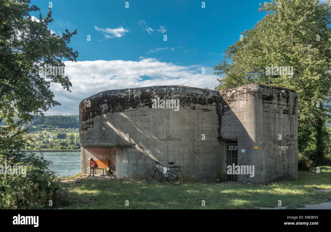 Infantriebunker at the Swiss Rhine bank, 2-storey, built in 1938 to defend against Germany, part of the fortress museum Stock Photo