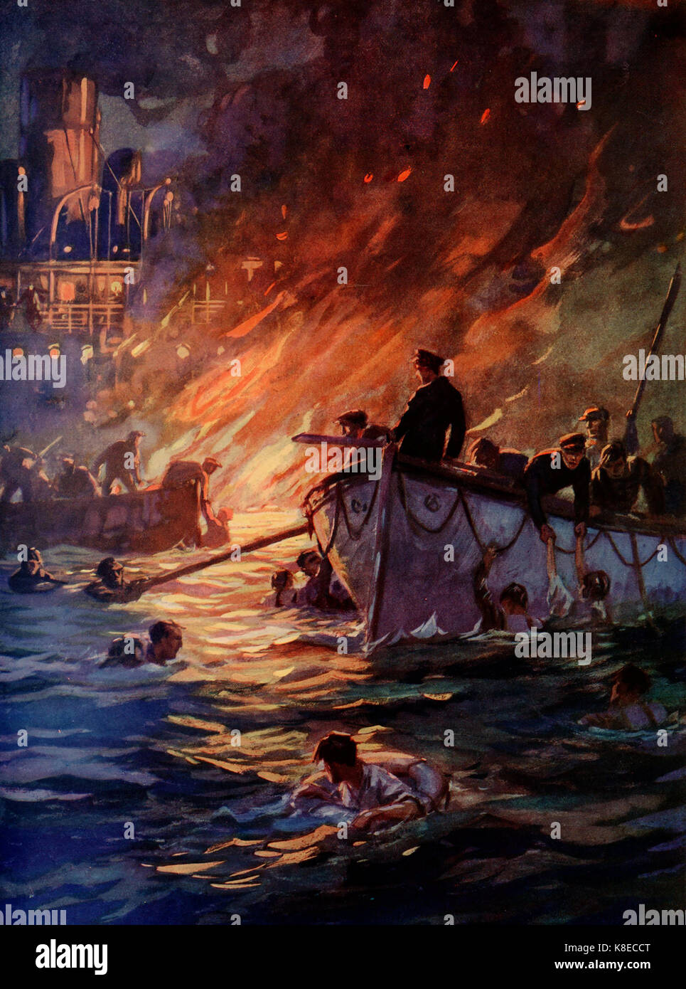 Rescuing survivors  from a burning ship at sea  -(From the Boys Own Annual 1932-33) Stock Photo