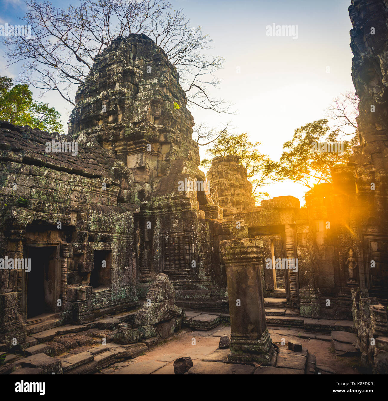 Courtyard with prasat, sunset, back light, ruined temple ruins, Banteay Kdei Temple, Angkor, Siem Reap Province, Cambodia Stock Photo