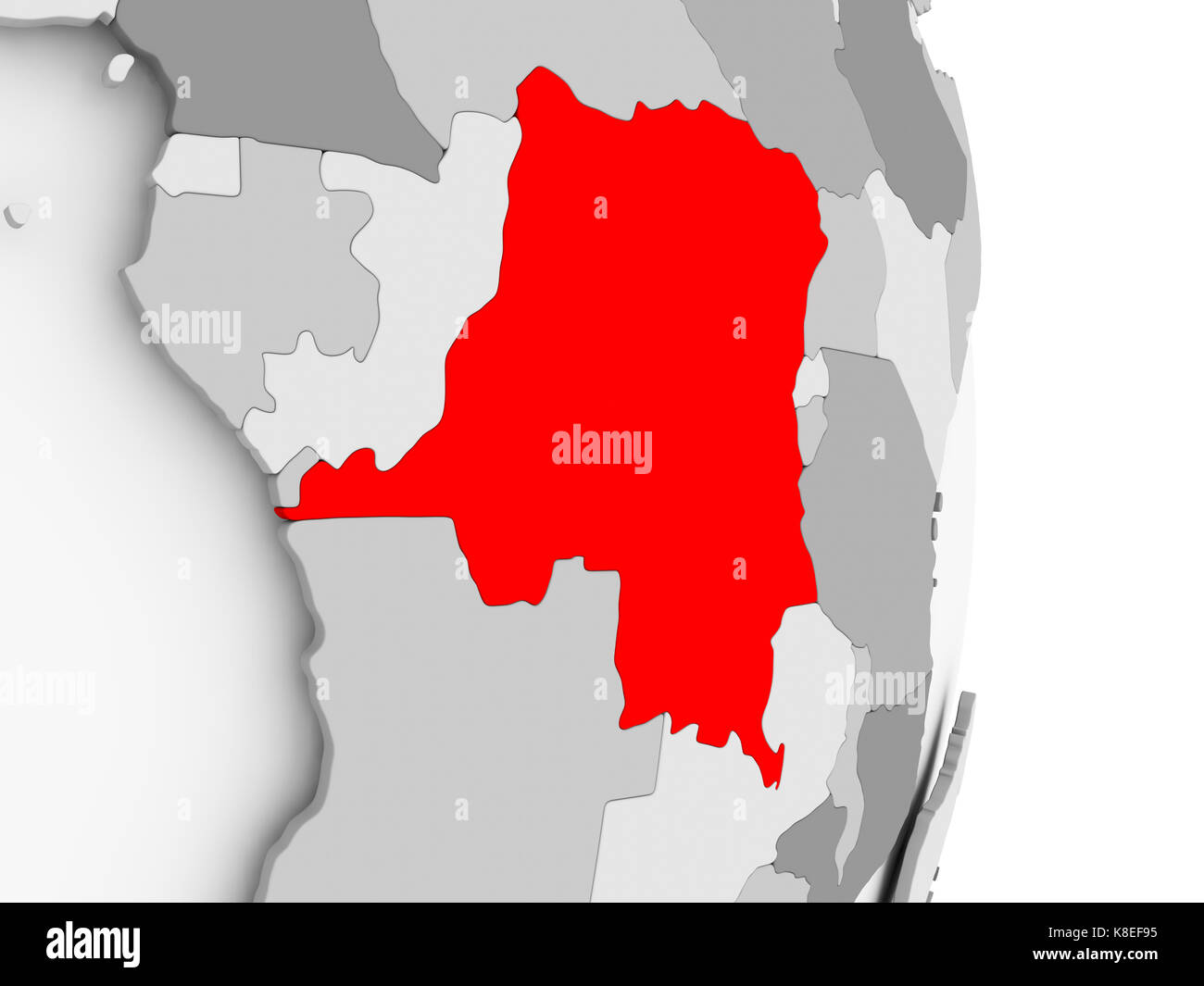 Democratic Republic of Congo highlighted in red on grey political globe ...