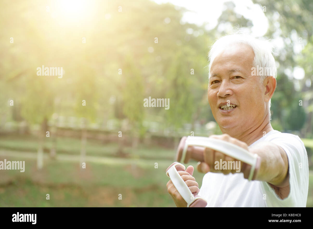 Portrait Of Healthy White Hair Asian Old Man Workout At Outdoor Park In 