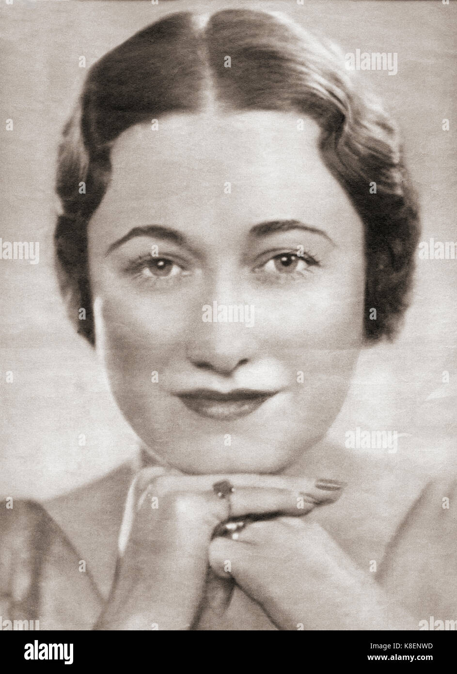 Wallis Simpson, later the Duchess of Windsor, born Bessie Wallis Warfield, 1896 – 1986. American socialite for whom King Edward VIII abdicated in 1936.  From The Weekly Illustrated, published 1936. Stock Photo