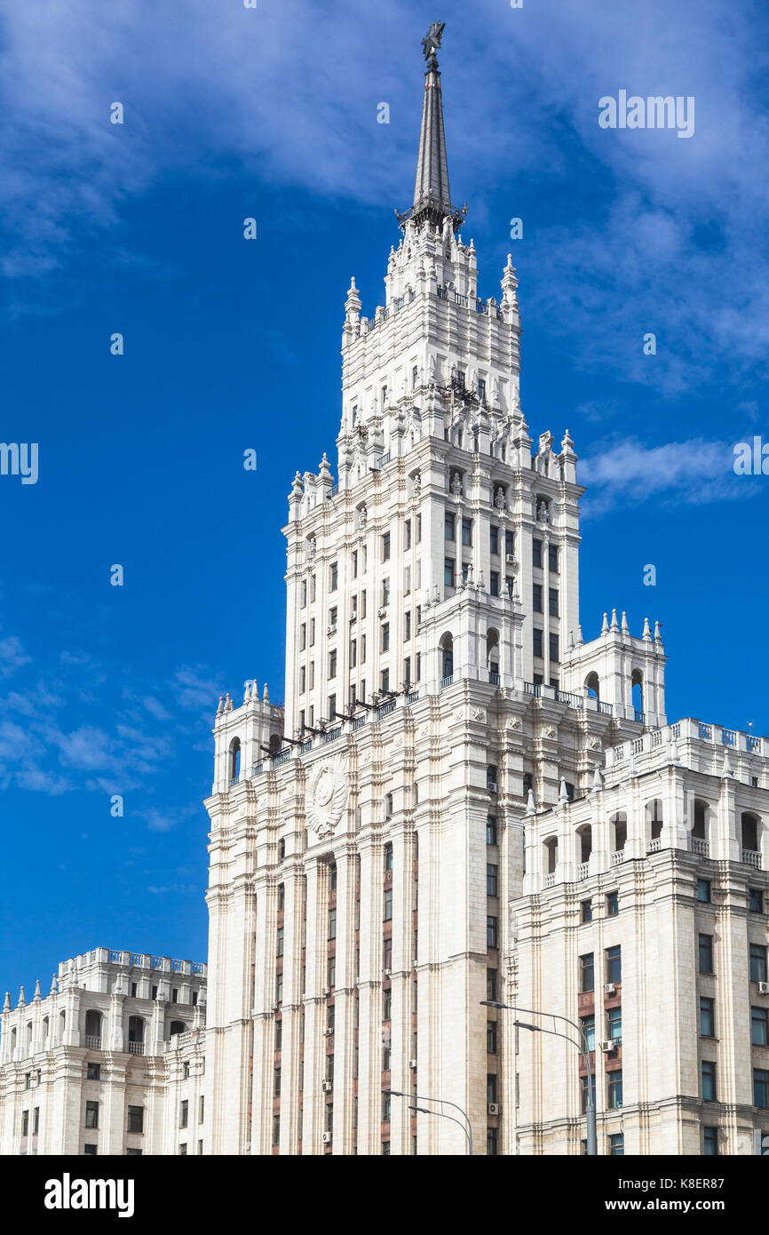 view of old Stalin's skyscraper Red Gate building in Moscow city under blue sky in sunny autumn day Stock Photo