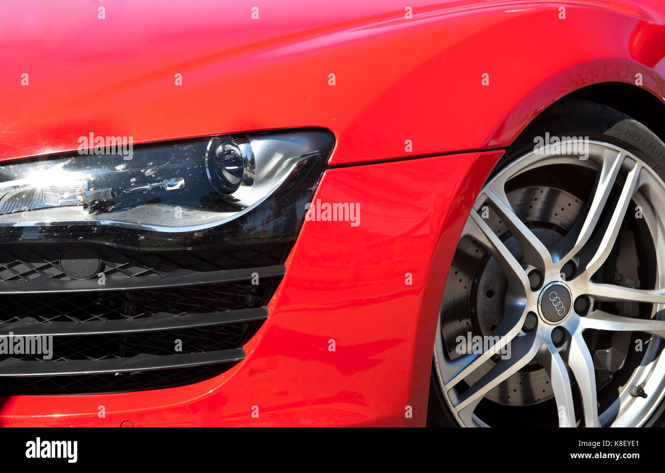 BADAJOZ, SPAIN - MARCH 14, 2015: Ferrari Car show at Badajoz City on Complejo Alcantara resorts, March 14, 2015. Audi sports car left front side Stock Photo