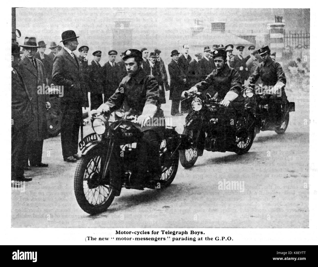 'New' recruited British Post Office Telegraph Messenger squad on motorbikes in Leeds - (From the Boys Own Annual 1932-33) Stock Photo