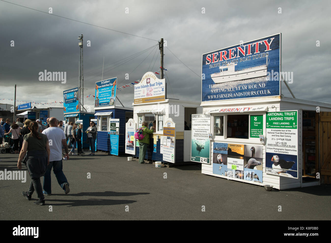 Farne Island boat trip booking offices in Seahouses harbour, Northumberland, England Stock Photo