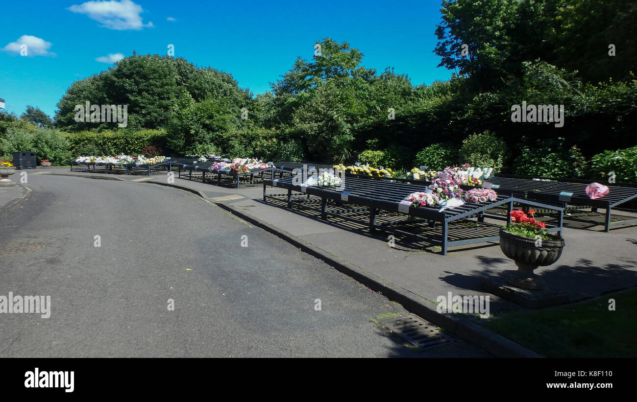 Floral tributes and wreaths at Bradwell crematorium, Newcastleunder