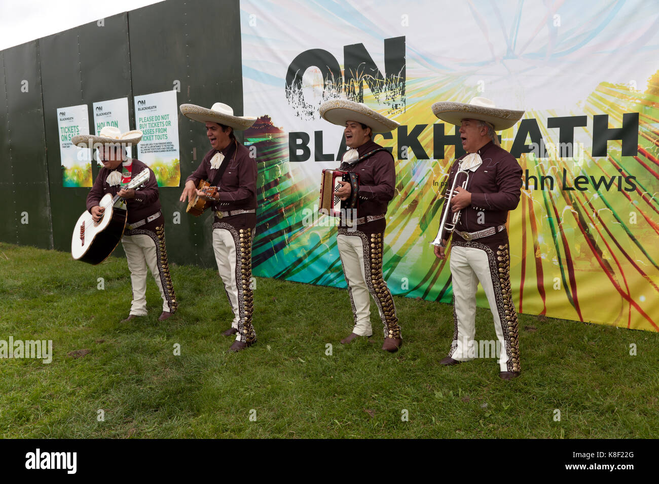 The Mariachis  entertaining the crowd, who were waiting to enter the show ground at the 2017 OnBlackheath Music Festival Stock Photo