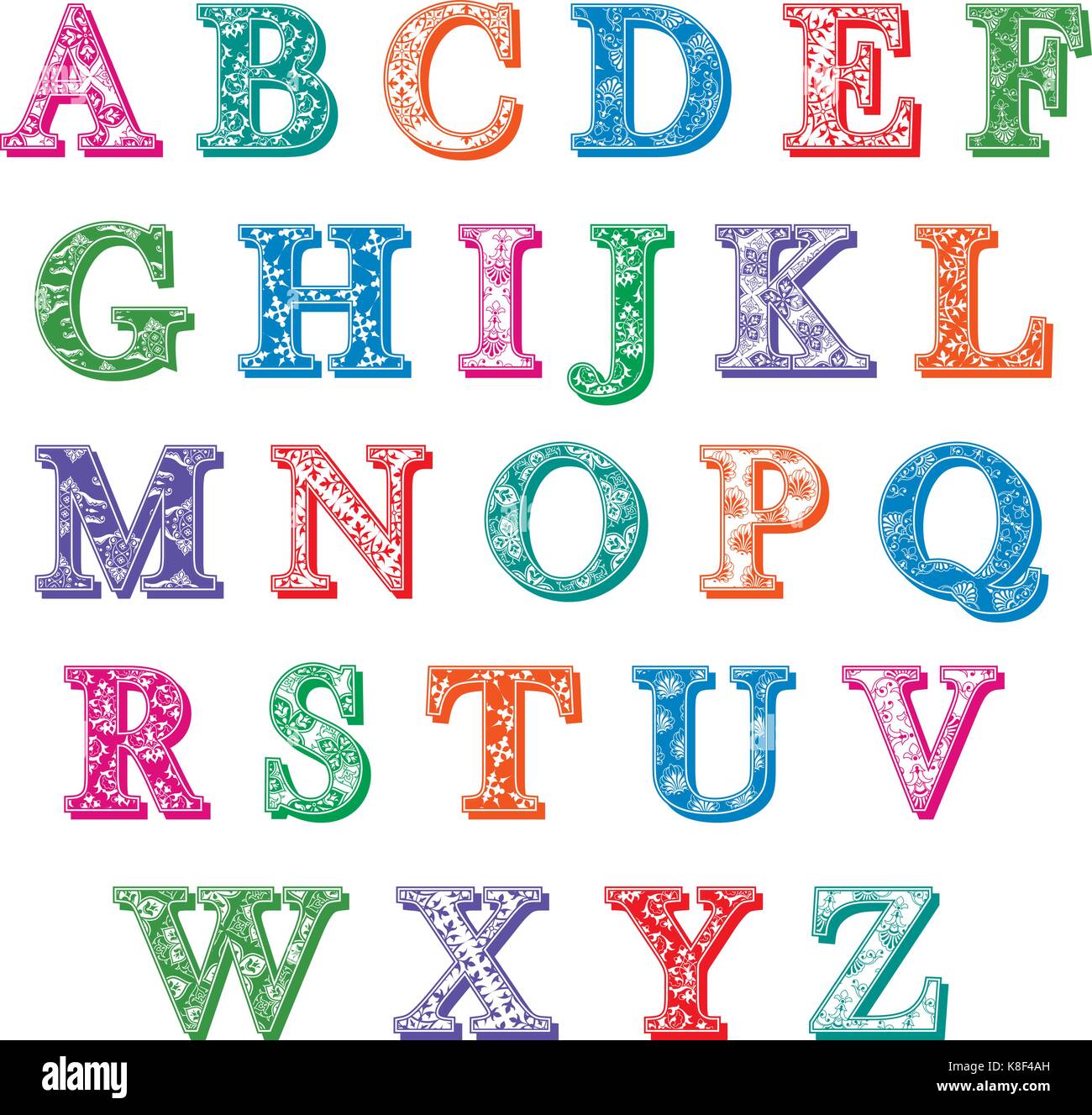 Complete colorful set of uppercase ABC antiqua alphabet letters ...