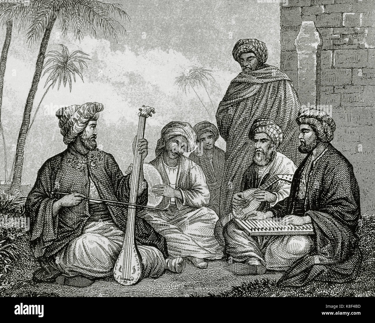 Arabian musicians. Engraving. 19th century. Stock Photo
