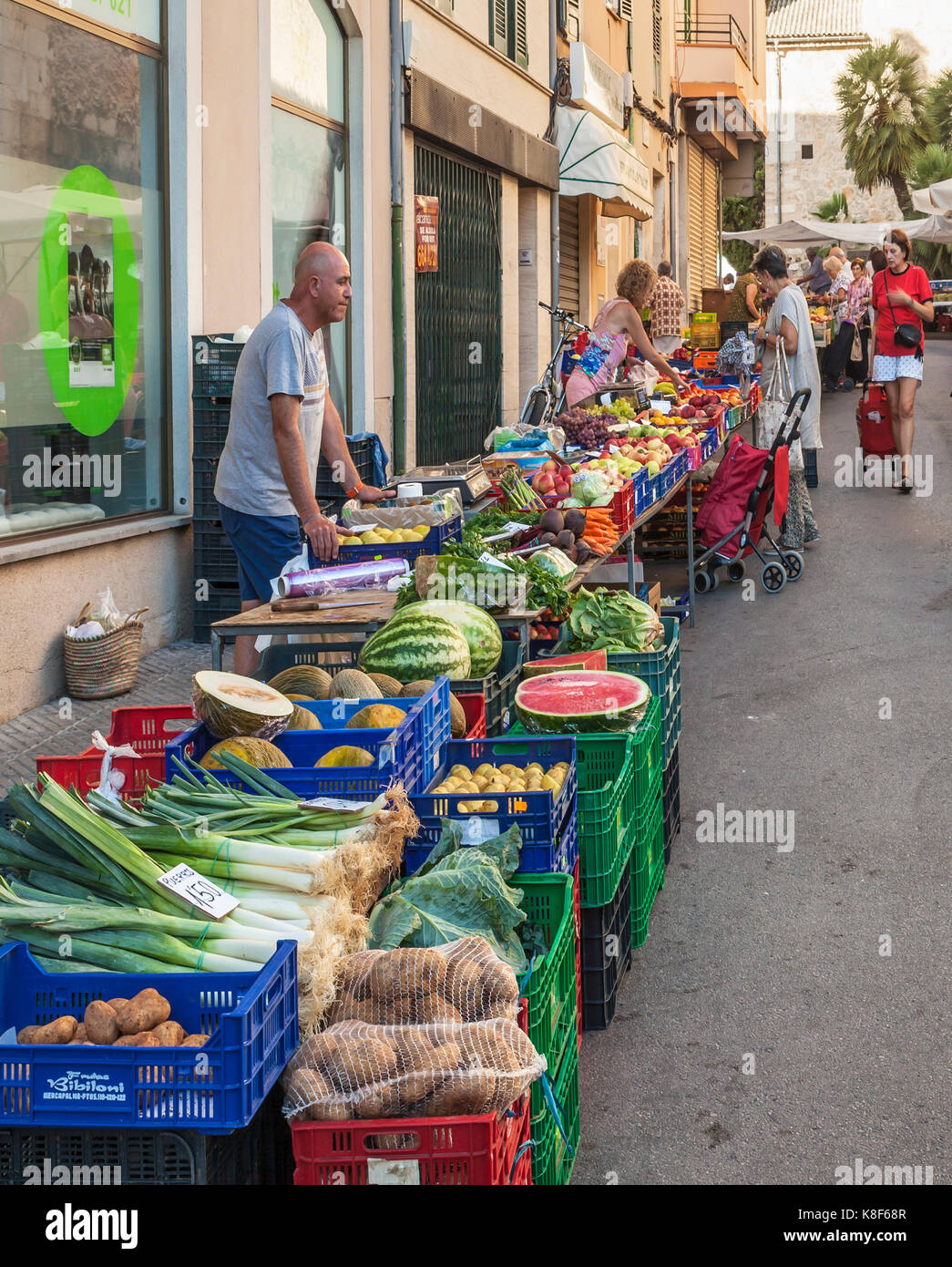 Spanish fruit and veg market stall. Stock Photo