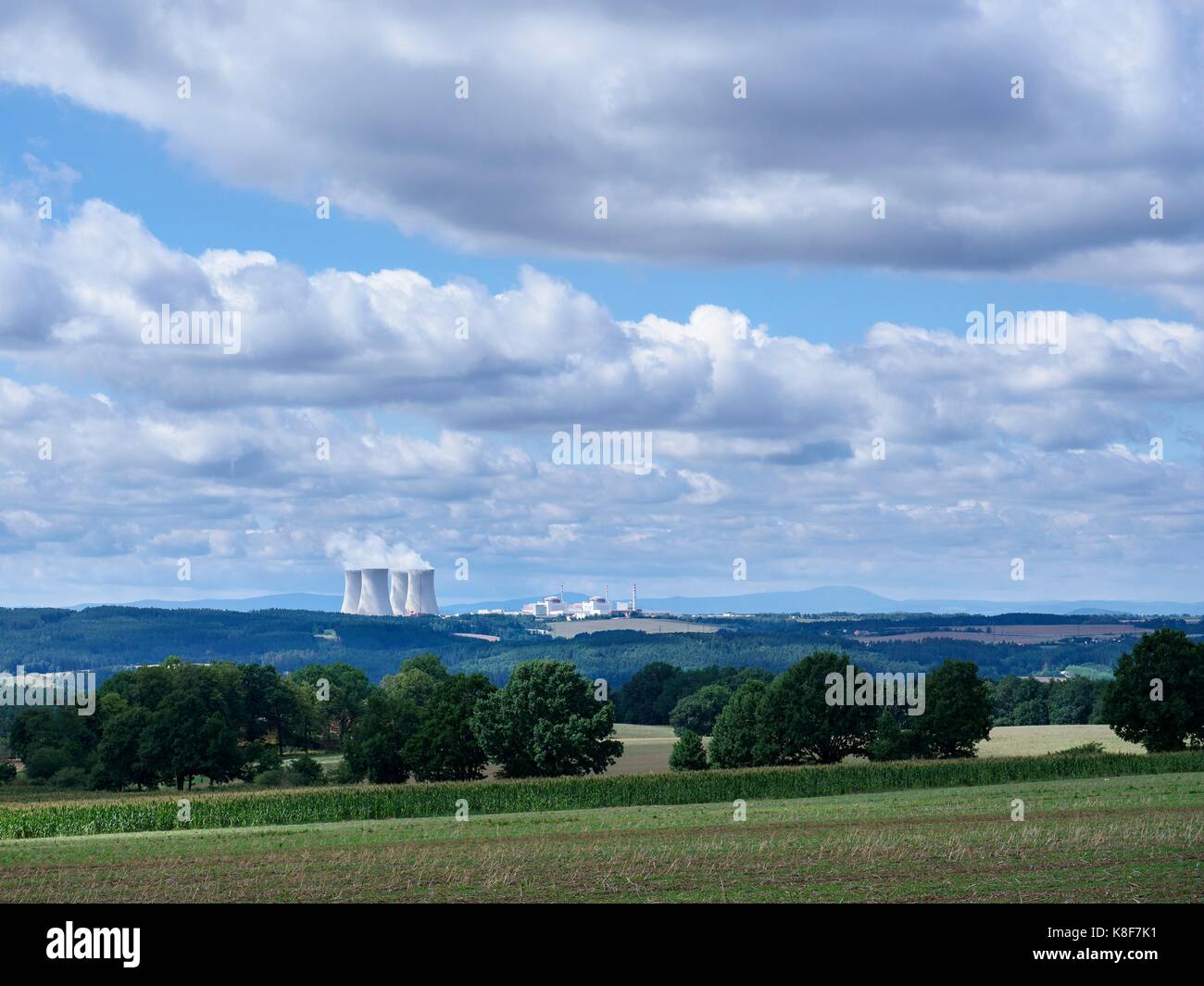 Temelin, power plant, cooling towers, clouds, trees Stock Photo