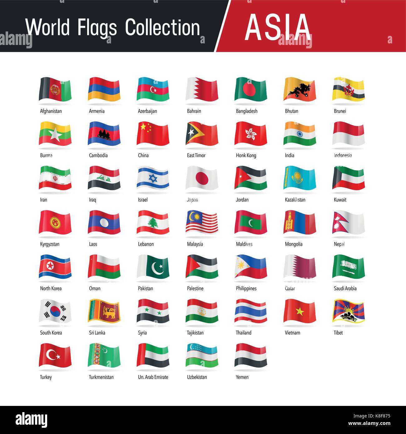 Flags of Asia, waving in the wind - Vector world flags collection Stock Vector