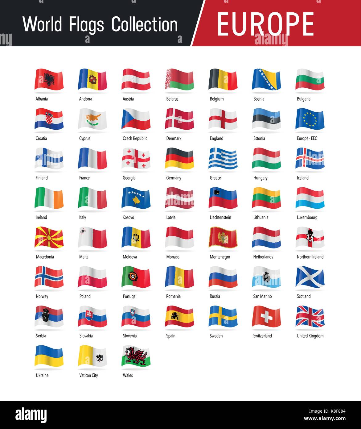 Flags of Europe, waving in the wind - Vector world flags collection Stock Vector
