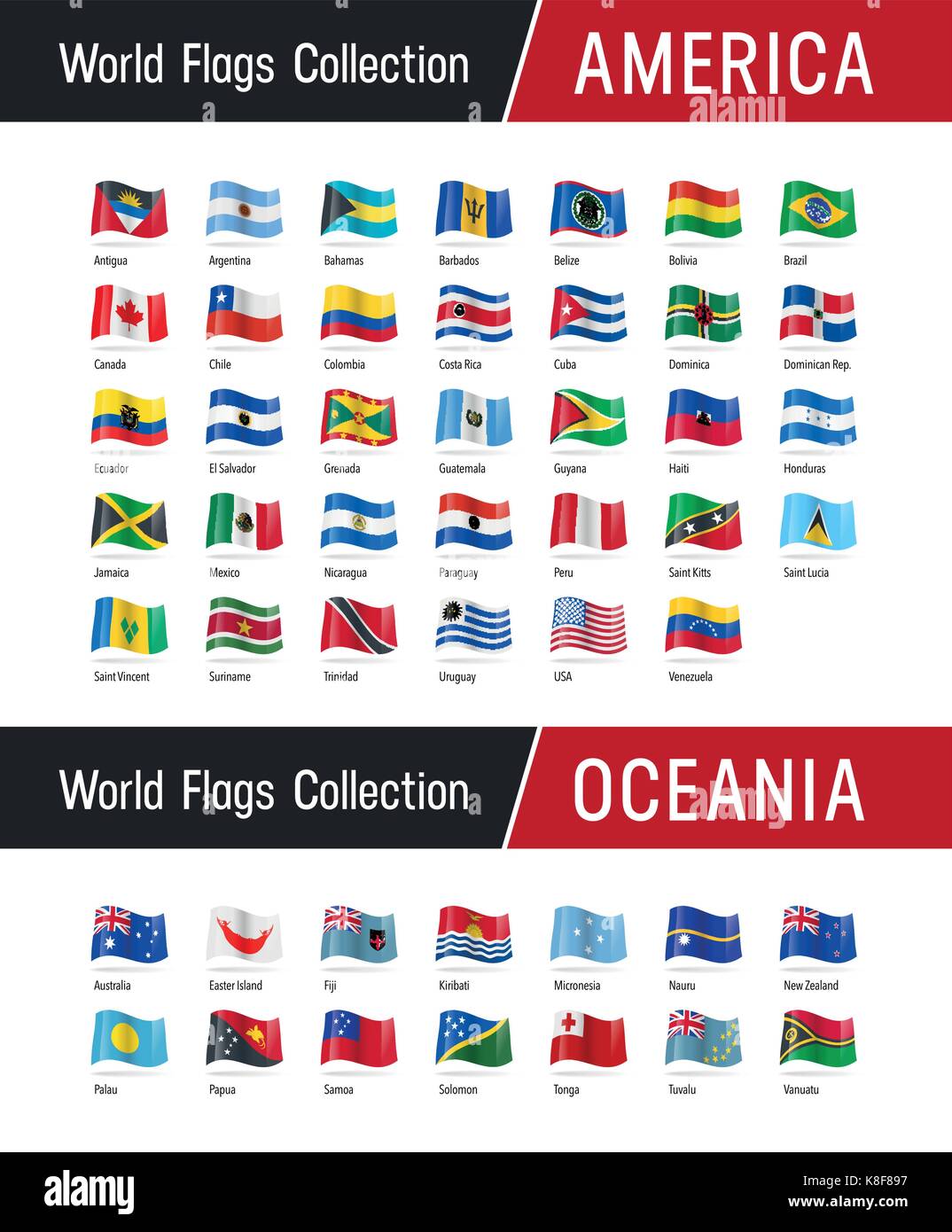 Flags of America and Oceania, waving in the wind - Vector world flags collection Stock Vector
