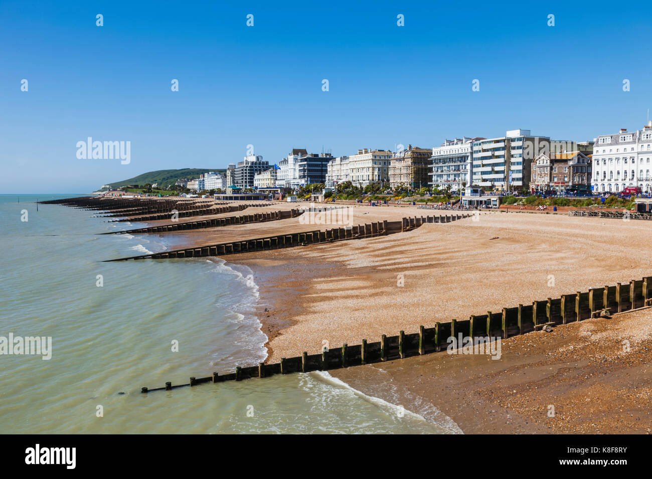 England, East Sussex, Eastbourne, Eastbourne Beach and Town Skyline Stock Photo