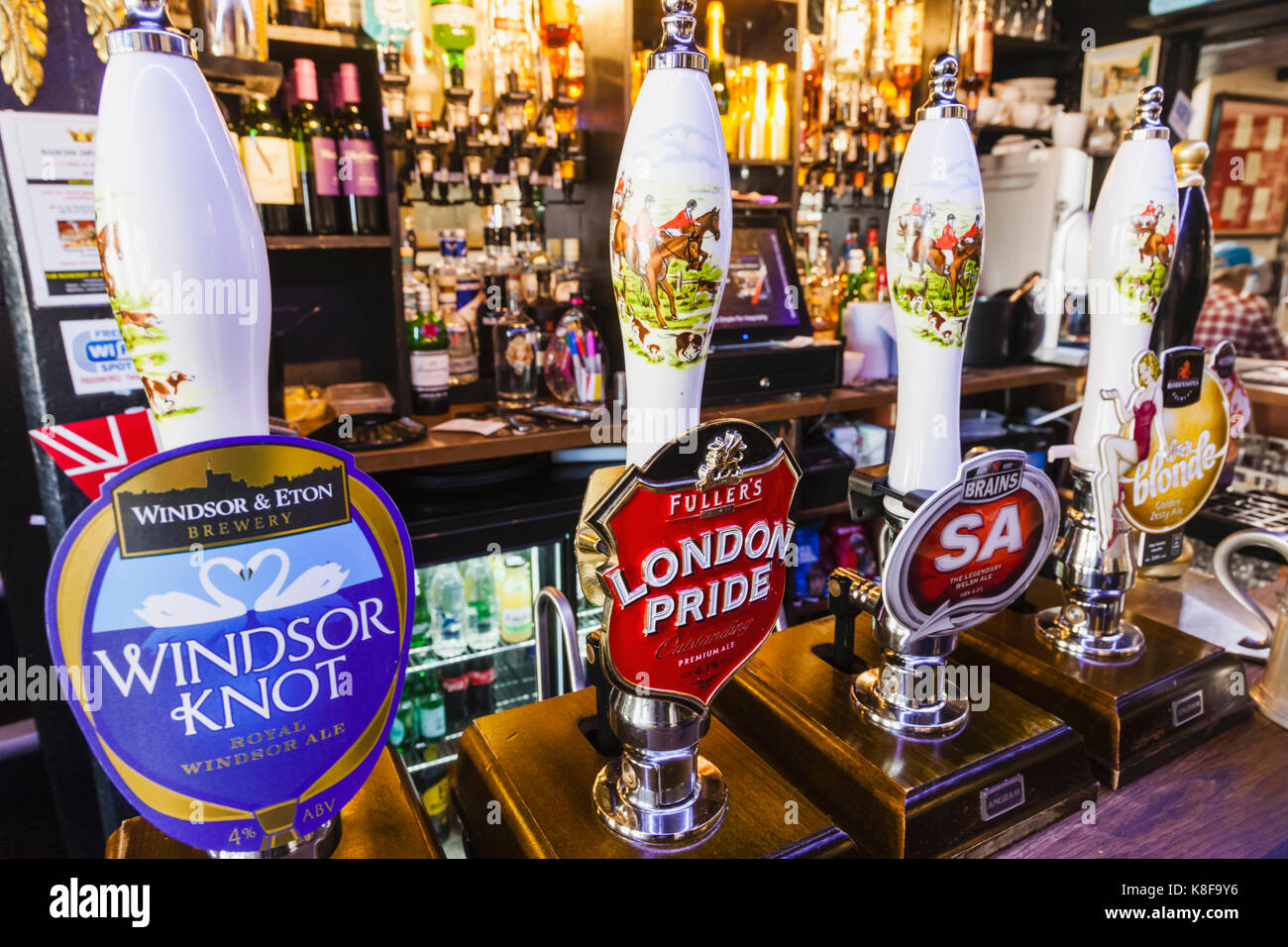 England, Berkshire, Windsor, Pub Beer Pump Handles Stock Photo