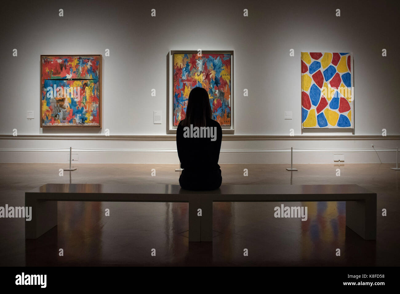 London, UK.  19 September 2017.  A visitor views (L to R) "Painting With Two Balls", 1960, "False Start", 1959, and "Nines", 2006, all by Jasper Johns.  Preview of a landmark exhibition by Jasper Johns RA called "Something Resembling Truth" at the Royal Academy of Arts in Piccadilly.  Sculptures, drawing, prints plus new works are on display 25 September to 10 December 2017.  Credit: Stephen Chung / Alamy Live News Stock Photo
