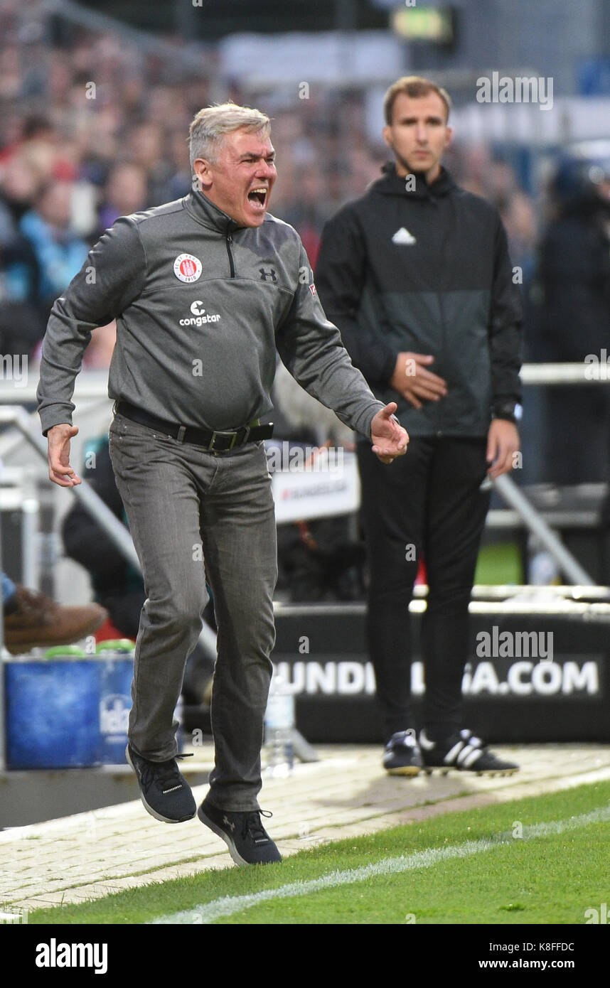 Kiel, Germany. 19th Sep, 2017. St. Pauli's coach Olaf Jansen gives instructions during the German Second Bundesliga soccer match between Holstein Kiel and FC St. Pauli in the Holstein-Stadion in Kiel, Germany, 19 September 2017. (EMBARGO CONDITIONS - ATTENTION: Due to the accreditation guidelines, the DFL only permits the publication and utilisation of up to 15 pictures per match on the internet and in online media during the match.) Credit: Axel Heimken/dpa/Alamy Live News Stock Photo