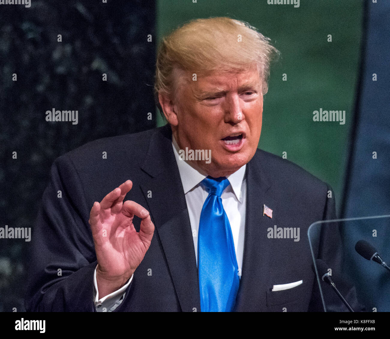New York, USA, 19 September, 2017.  United States President Donald Trump addresses the opening session of the 72st United Nations General Assembly in New York on September 17, 2017. Trump used his first ever address to the U.N. General Assembly to condemn North Korea and Iran. Enrique Shore/Alamy Live News Stock Photo