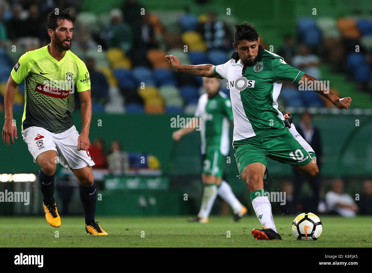 Lisbon, Portugal. 19th Sep, 2017. Sporting's forward Bryan Ruiz from Costa Rica (R) and Maritimo's midfielder Joao Gamboa from Portugal (L) during the Portuguese Cup 2017/18 match between Sporting CP v CS Maritimo, at Alvalade Stadium in Lisbon on September 19, 2017. Credit: Bruno Barros/Alamy Live News Stock Photo