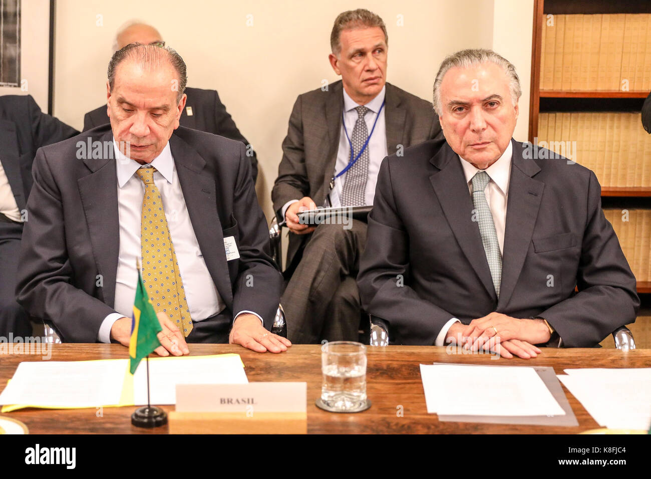 New York, USA. 19th Sep, 2017. Michel Temer, President of Brazil, accompanied by Foreign Ministers Aloysio Nunes during a meeting with the Heads of Delegations of the Member Countries of the Community of Portuguese Speaking Countries at the headquarters of the Permanent Mission of Brazil to the United Nations in New York in the United States of America this Tuesday, September 19. Credit: Brazil Photo Press/Alamy Live News Stock Photo