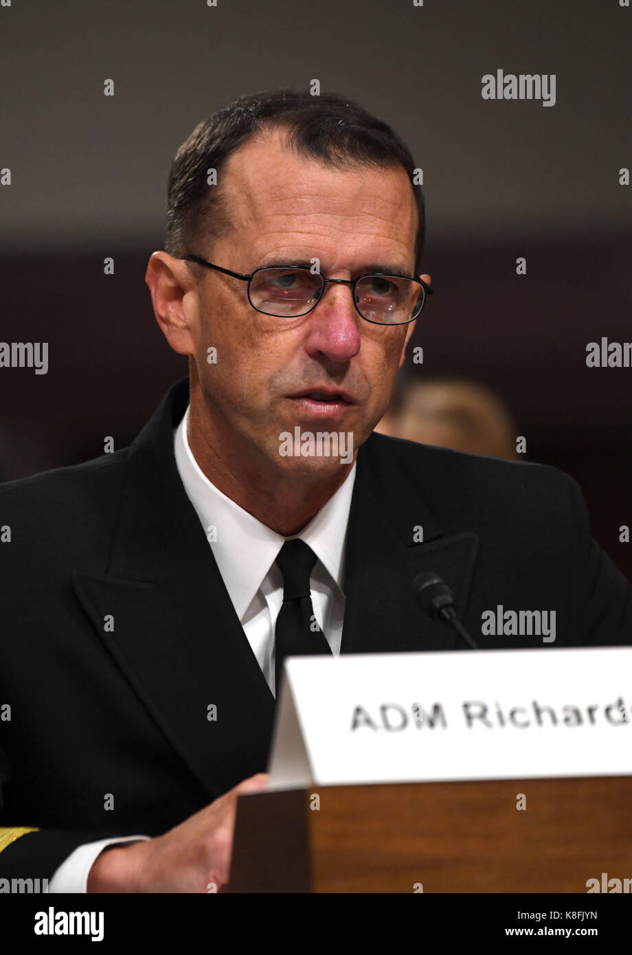 Washington, USA. 19th Sep, 2017. Chief of Naval Operations Admiral John Richardson testifies during a hearing on recent U.S. Navy incidents before Senate Armed Services Committee on Capitol in Washington, DC, the United States, on Sept. 19, 2017. Top leaders of the U.S. Navy were urged to do better on Tuesday as they appeared before the Senate hearing over a series of deadly ship collisions involving the Pacific fleet. Credit: Yin Bogu/Xinhua/Alamy Live News Stock Photo
