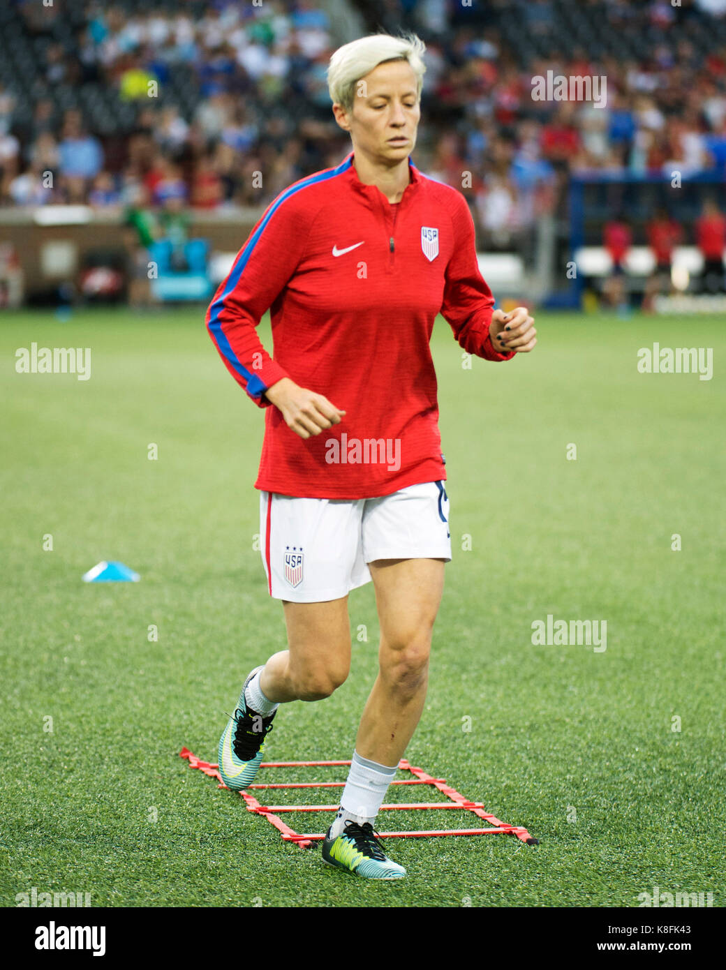 Cincinnati, Ohio, USA. 19th Sep, 2017. USA midfielder Megan Rapinoe (15) warms up before facing New Zealnd in their match at Nippert Stadium. Cincinnati, Ohio. Brent Clark/Alamy Live News Stock Photo