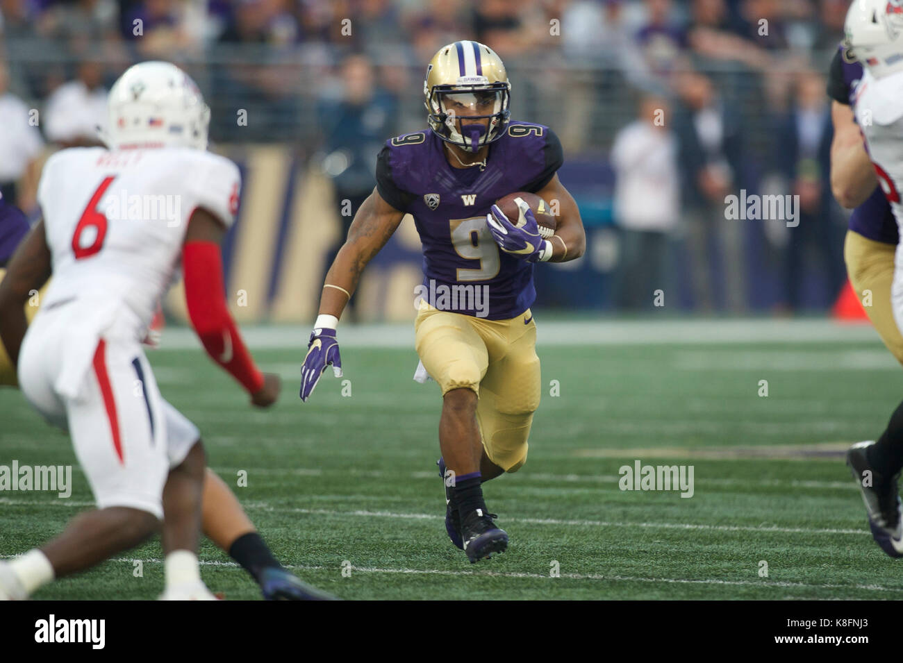 Seattle, WA, USA. 16th Sep, 2017. UW tailback Myles Gaskin (9) in action during a NCAA football game between the Fresno State Bulldogs and the Washington Huskies. The game was played at Husky Stadium in Seattle, WA. Jeff Halstead/CSM/Alamy Live News Stock Photo