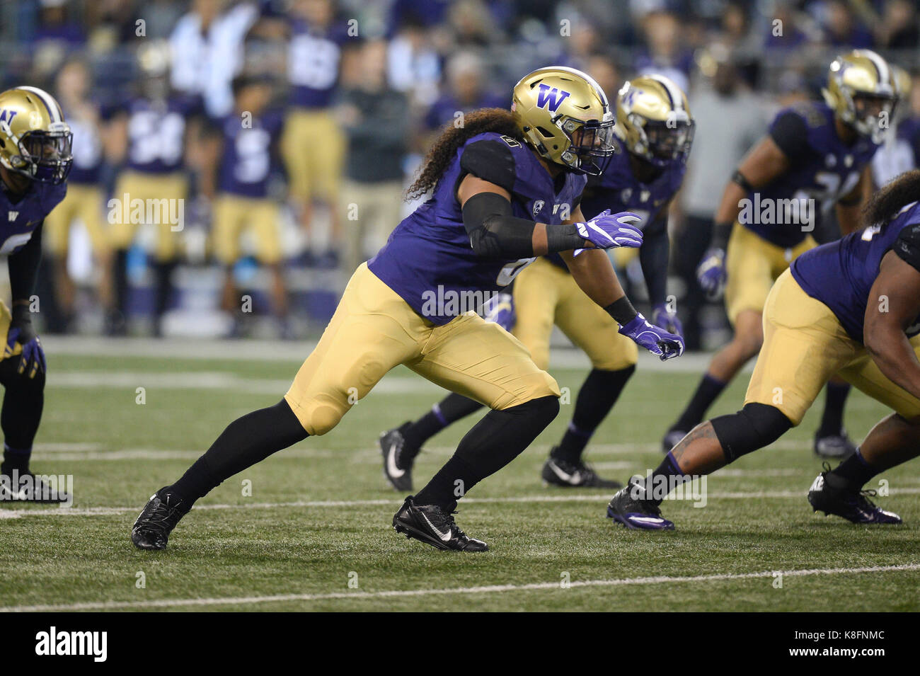 Seattle, WA, USA. 16th Sep, 2017. UW linebacker Benning Potoa'e (8) in action during an NCAA football game between the Fresno State Bulldogs and the Washington Huskies. The game was played at Husky Stadium in Seattle, WA. Jeff Halstead/CSM/Alamy Live News Stock Photo