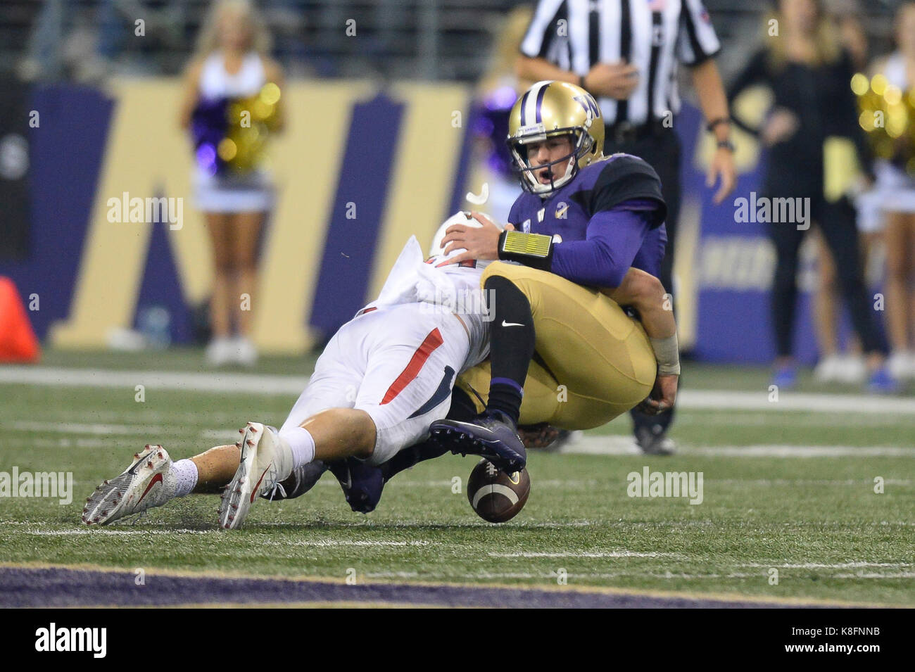 Seattle, WA, USA. 16th Sep, 2017. Fresno defender George Helmuth (34) forces a fumble on UW quarterback KJ Carta-Samuels (11) during a NCAA football game between the Fresno State Bulldogs and the Washington Huskies. The game was played at Husky Stadium in Seattle, WA. Jeff Halstead/CSM/Alamy Live News Stock Photo