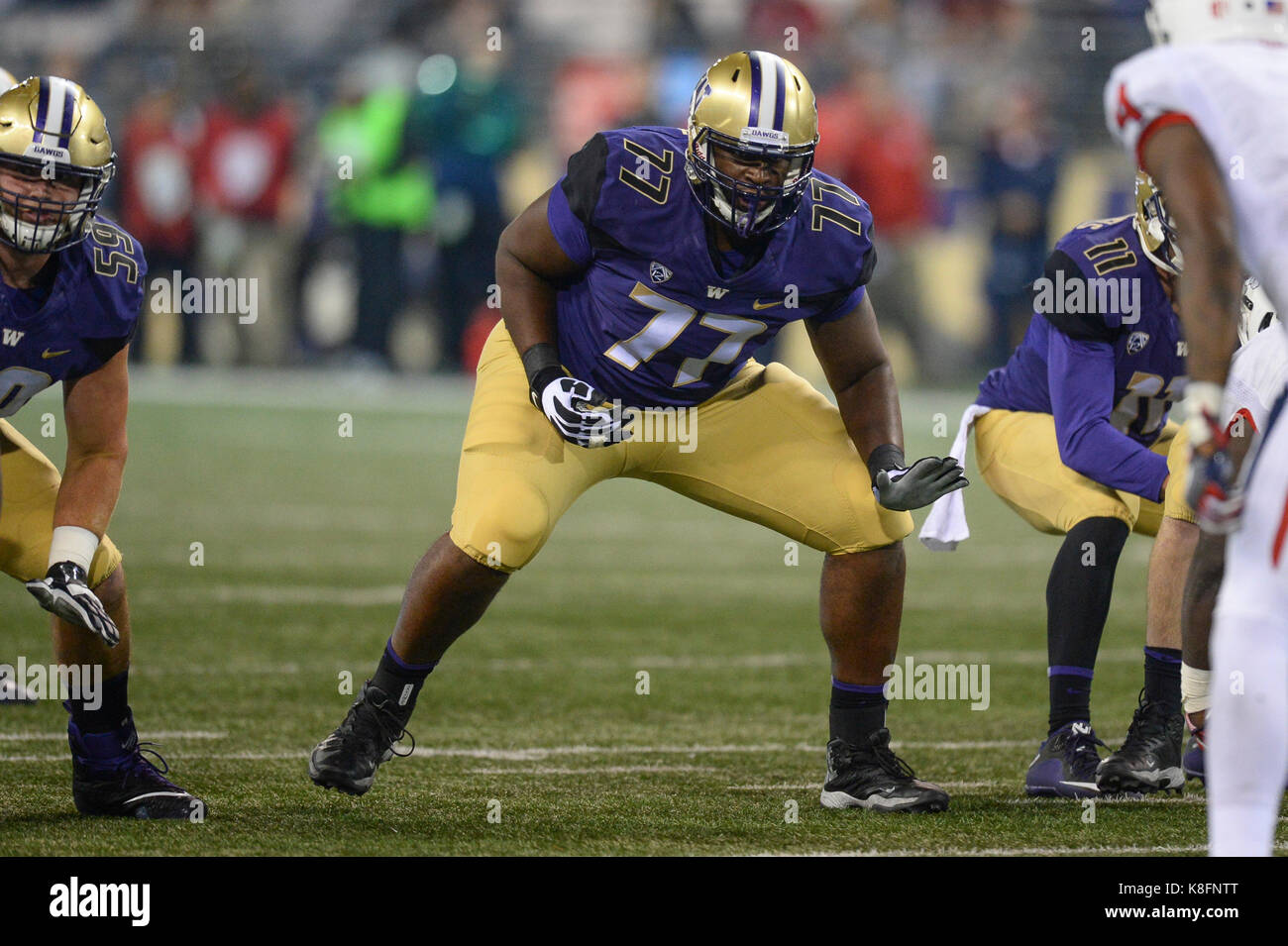 Seattle, WA, USA. 16th Sep, 2017. UW offensive tackle Devin Burleson (77) in action during a NCAA football game between the Fresno State Bulldogs and the Washington Huskies. The game was played at Husky Stadium in Seattle, WA. Jeff Halstead/CSM/Alamy Live News Stock Photo