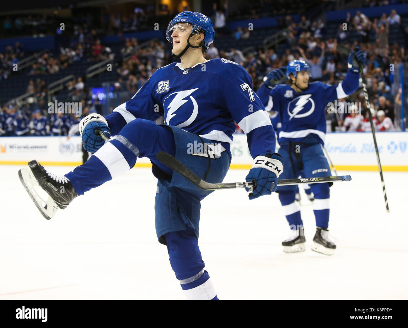 Tampa Bay Lightning center Jonathan Marchessault (42) before an NHL hockey  game against the New York Islanders Saturday, Nov. 28, 2015, in Tampa, Fla.  (AP Photo/Chris O'Meara Stock Photo - Alamy