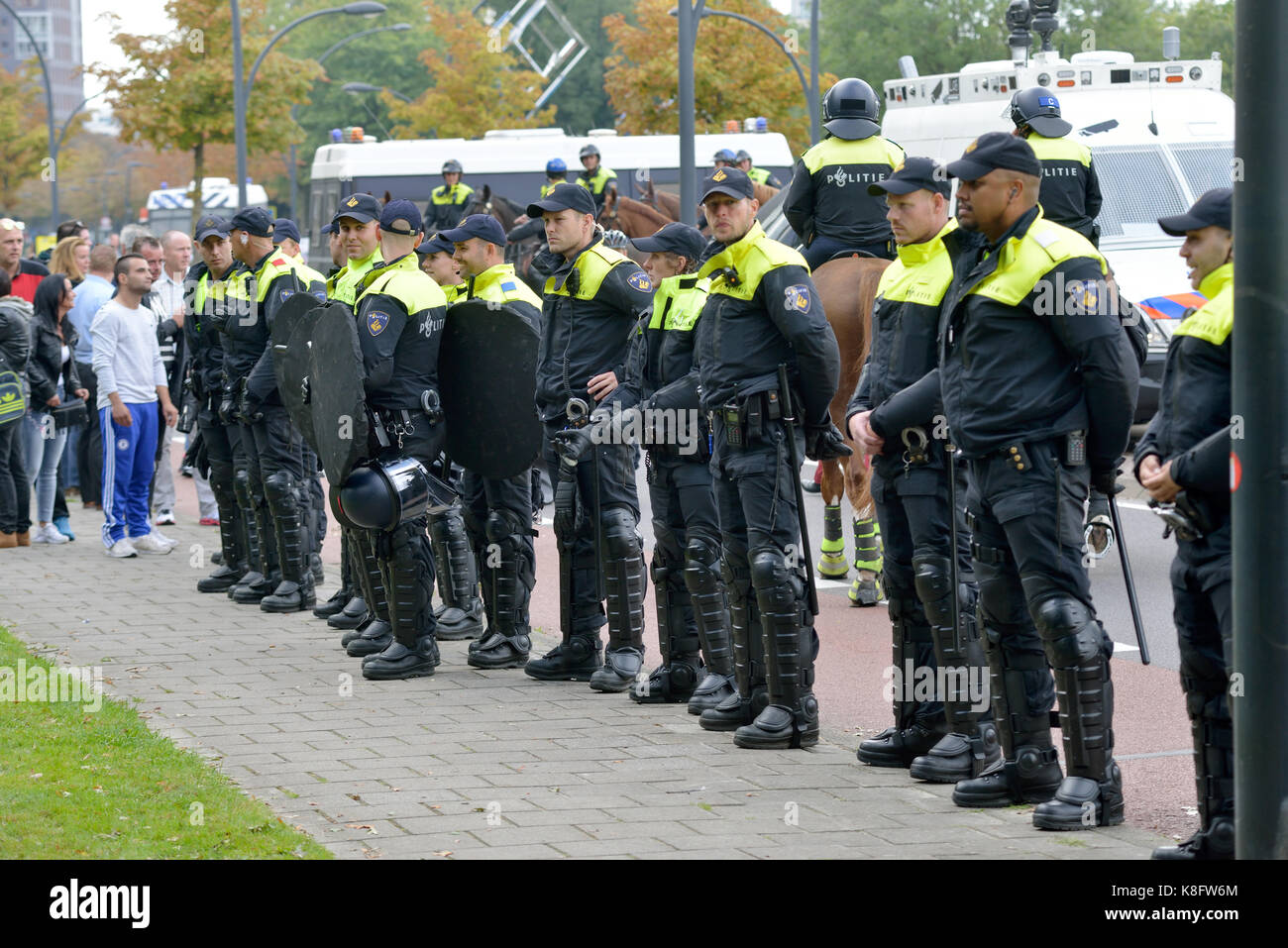 Police taking care of security, during an anti-islam demonstration of Pegida. Pegida is a group of people who are against islamization in Europe. Stock Photo