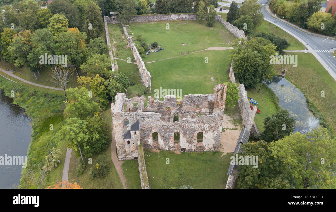 ruins of an ancient medieval castle Dobele Latvia Aerial drone top view Stock Photo