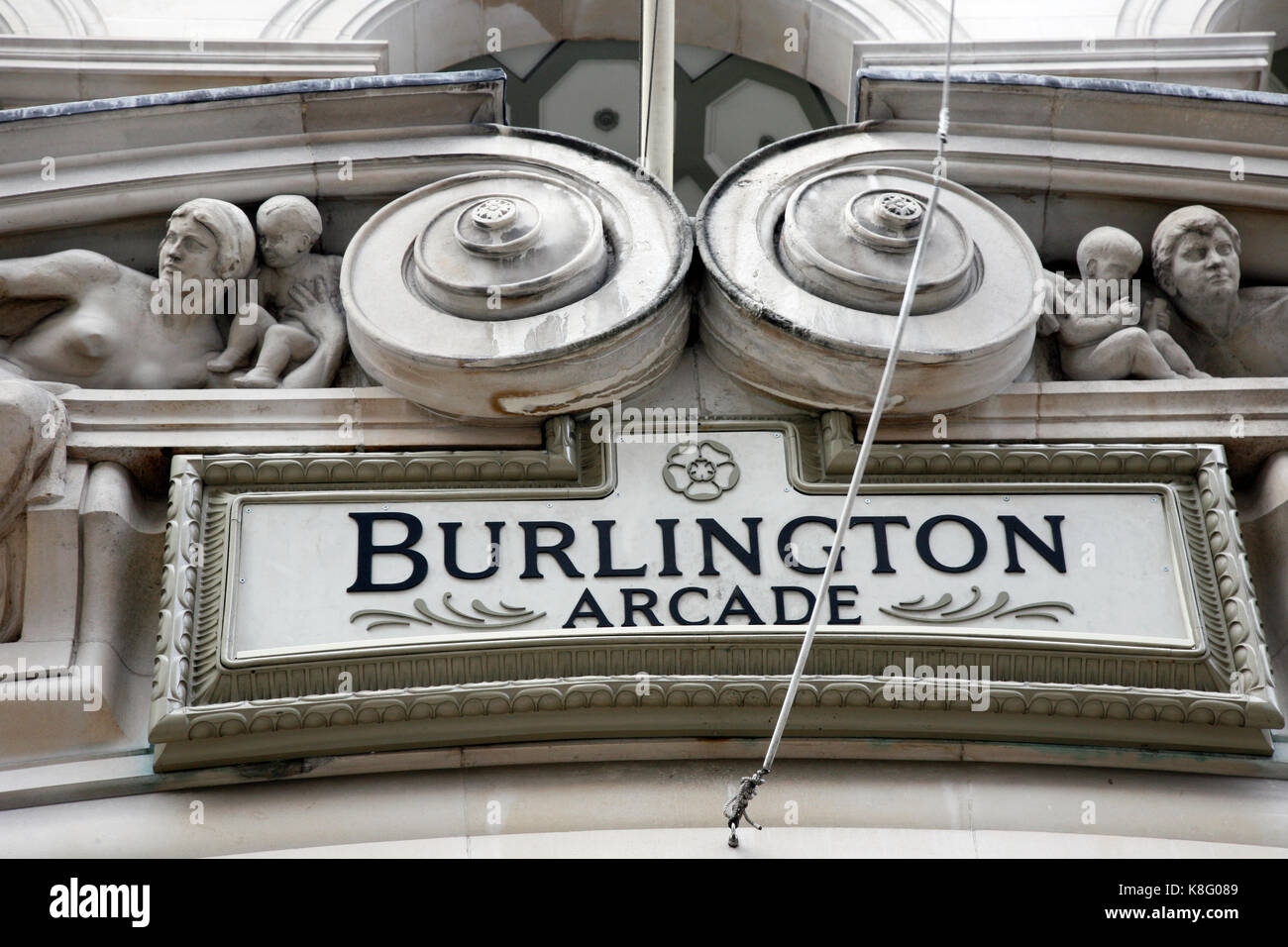 London, UK - June 4, 2012: Burlington Arcade, 19th century European shopping gallery, behind Bond Street from Piccadilly through to Burlington Gardens Stock Photo