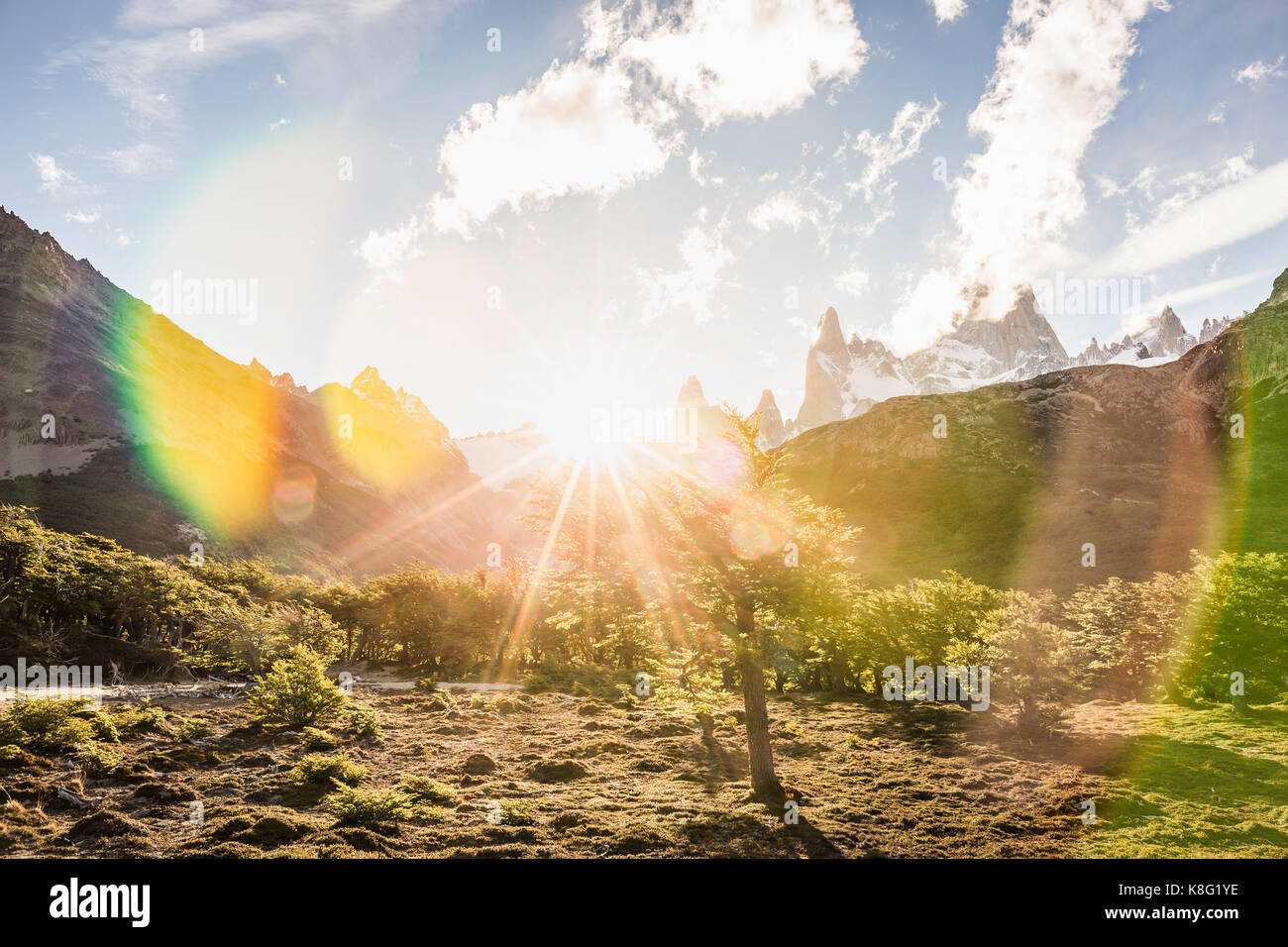 Sunlit  landscape and Fitz Roy mountain range in Los Glaciares National Park, Patagonia, Argentina Stock Photo