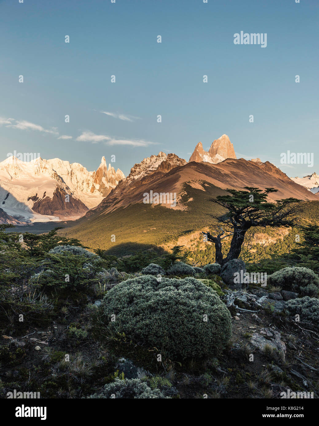 Distant view of Cerro Torre and Fitz Roy mountain ranges, Los Glaciares National Park, Patagonia, Argentina Stock Photo