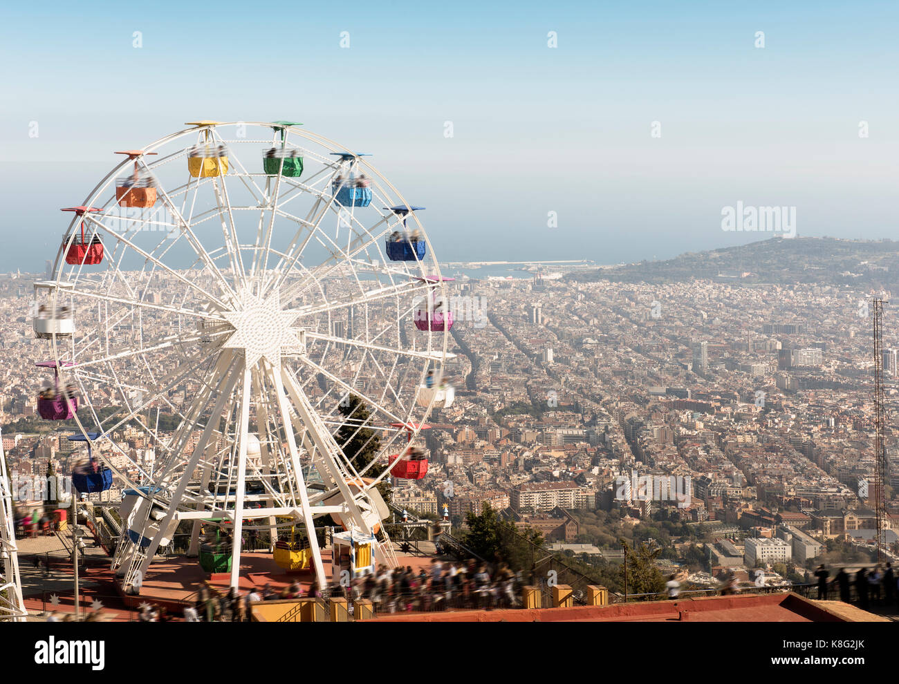 View from the Tibidabo amusement park with the  Giradabo big wheel, Barcelona, Catalonia, Spain Stock Photo