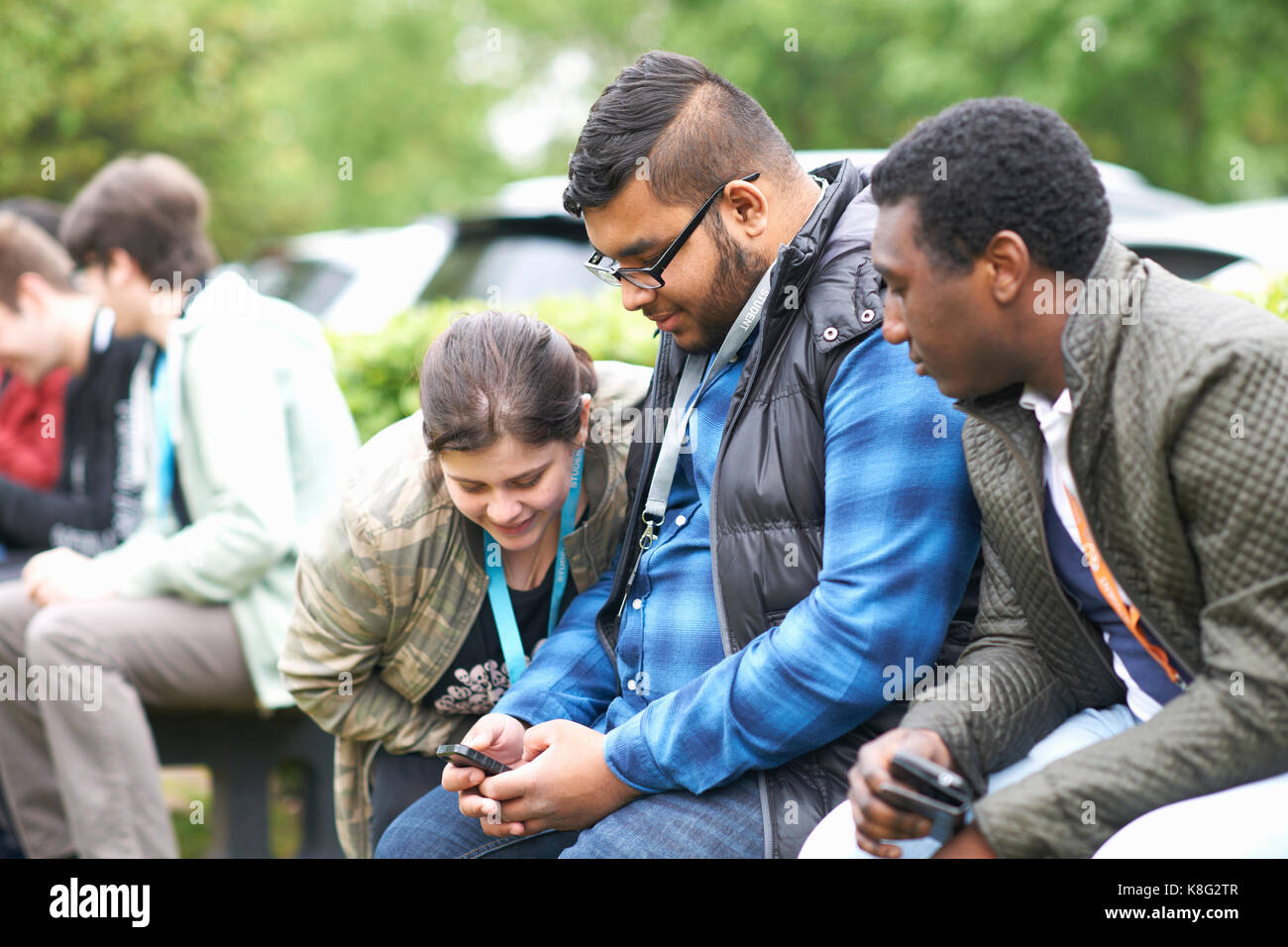 Students at vocational school taking break Stock Photo