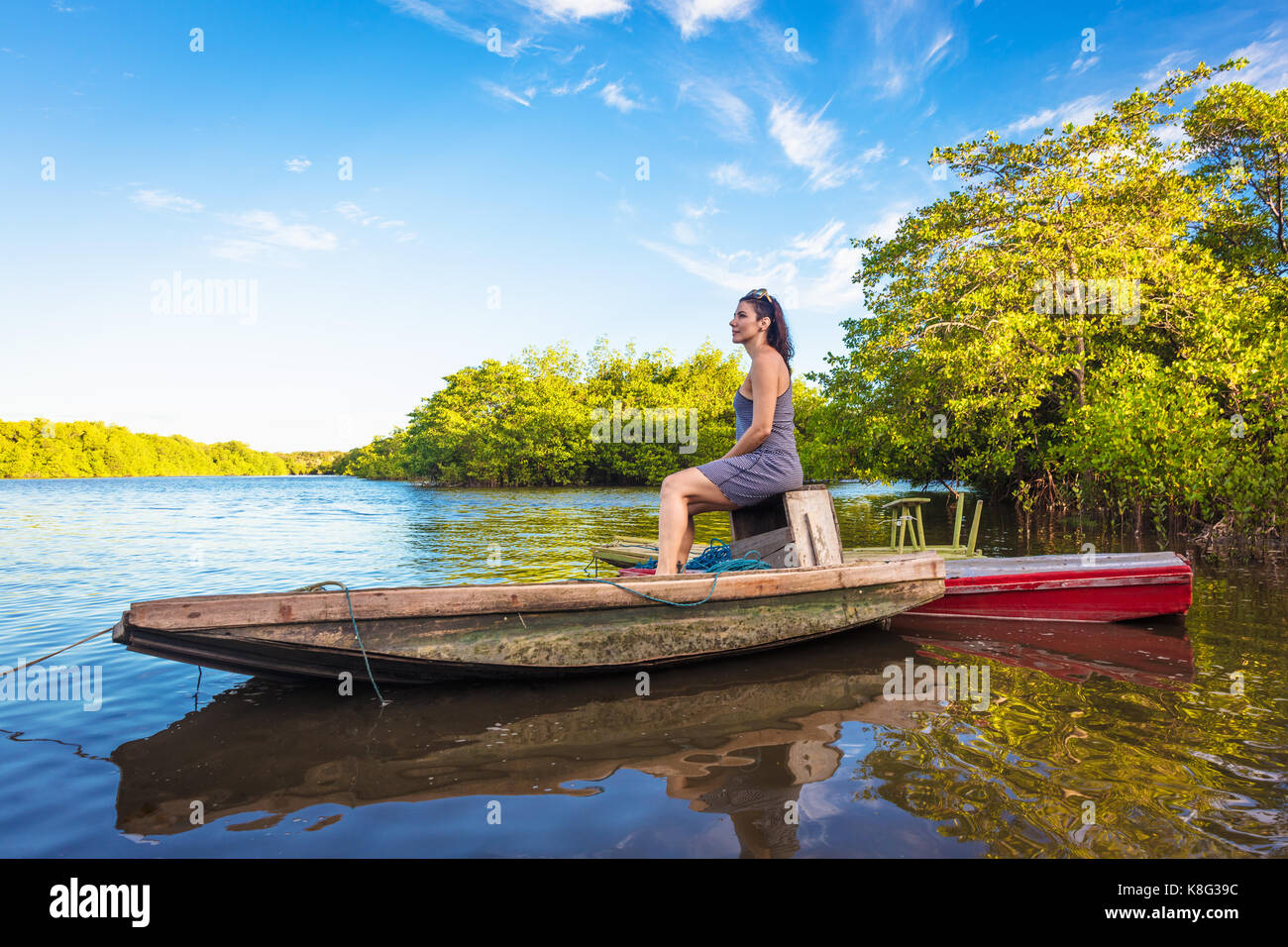 Woman on boat, Fortaleza, Ceara, Brazil, South America Stock Photo
